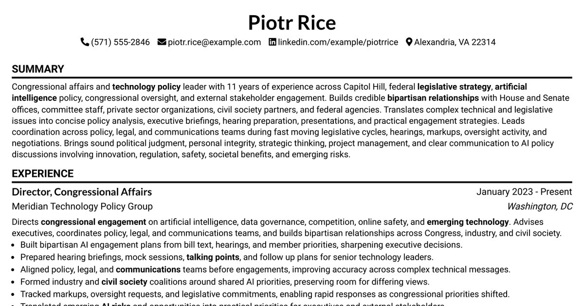 7 US Congressional Lead Resume Templates with Example