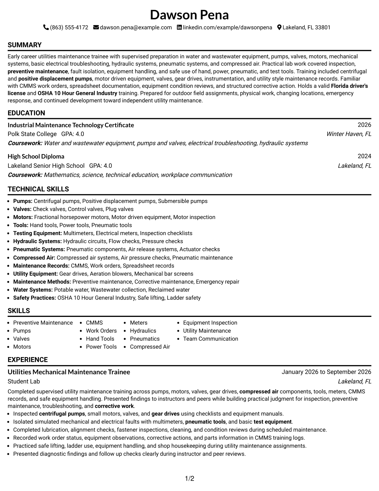 Resume Example Page 1