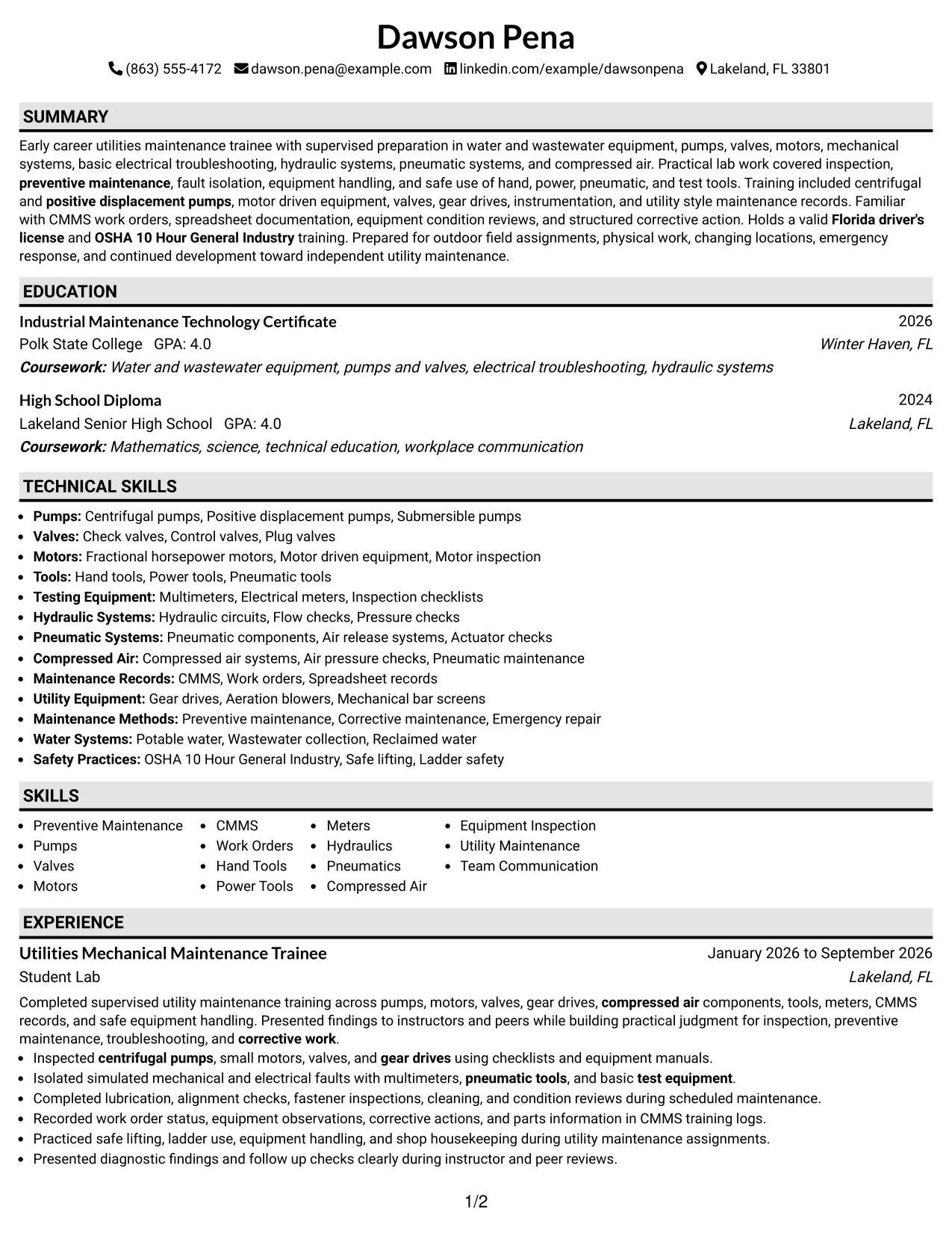 Resume Example Page 1