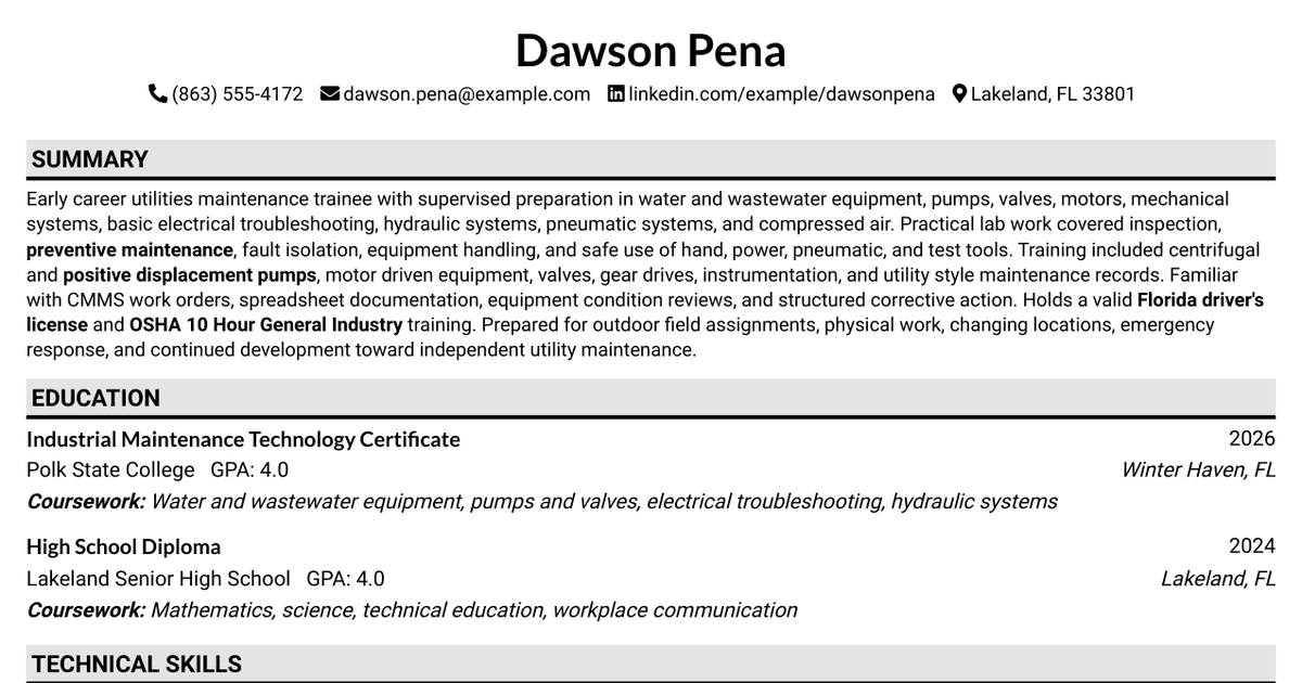 7 Utilities Electrical/Mechanical Specialist Trainee Resume Templates with Example