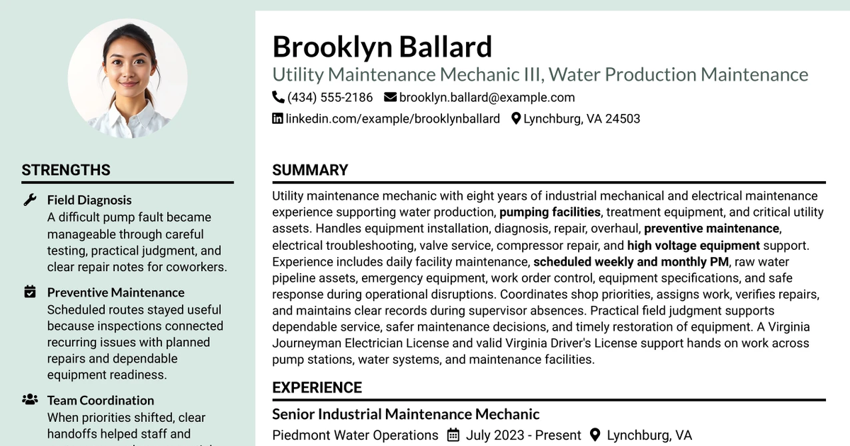 33 Utility Maintenance Mechanic III - Water Production Maintenance Resume Templates with Example 2026 (ATS-Optimized)