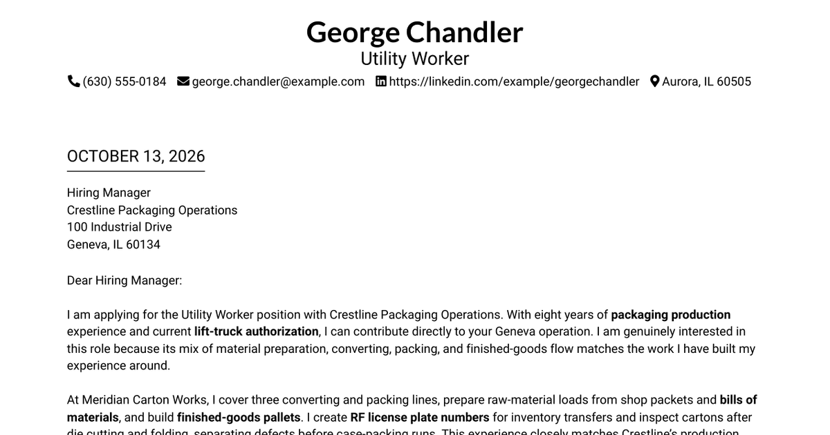 7 Utility Worker - Packaging Production Cover Letter Templates with Example