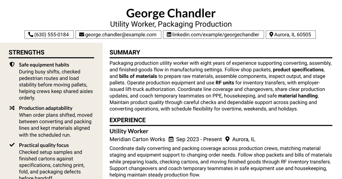 7 Utility Worker - Packaging Production Resume Templates with Example