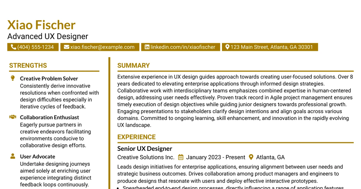 33 UX Designer, Advanced Resume Templates with Example 2026 (ATS-Optimized)