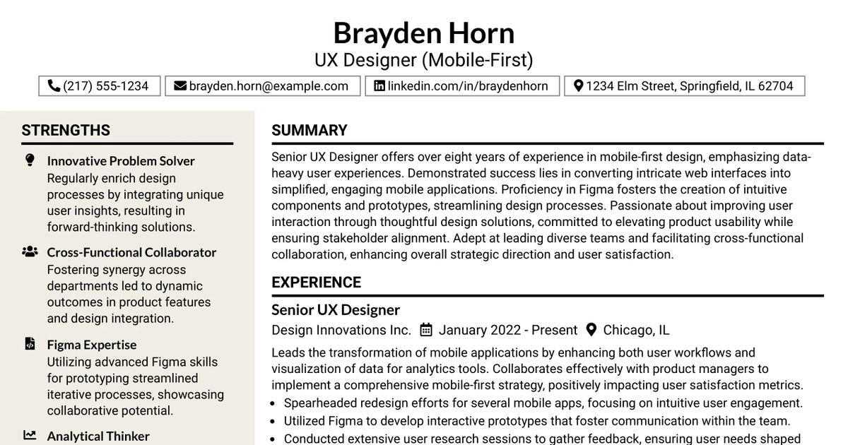 33 UX Designer (Mobile-First) Resume Templates with Example 2026 (ATS-Optimized)