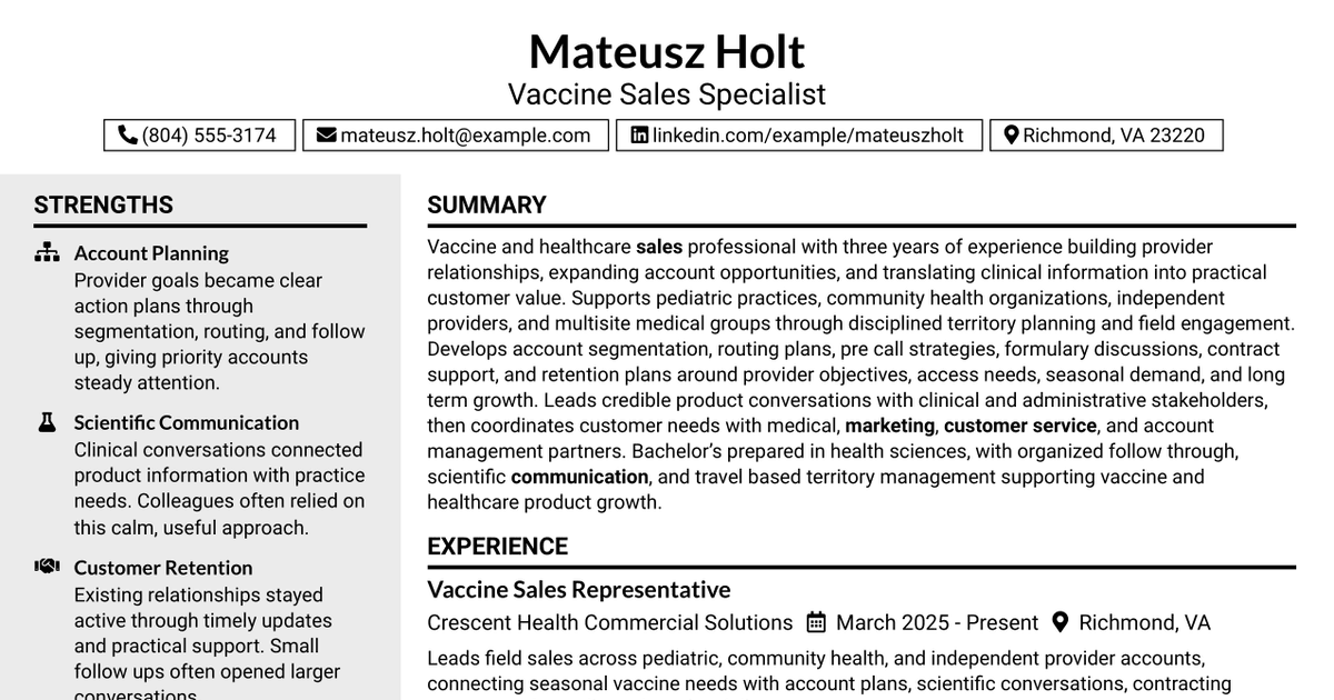 7 Vaccine Sales Specialist Resume Templates with Example