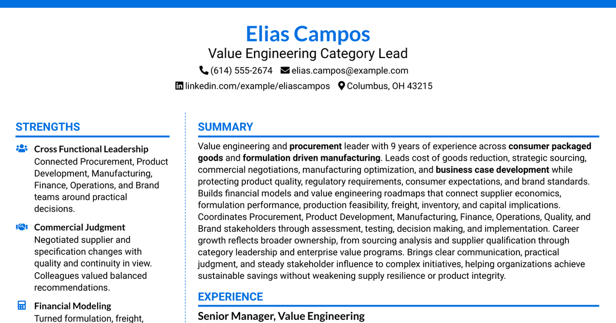 7 Value Engineering Category Lead Resume Templates with Example