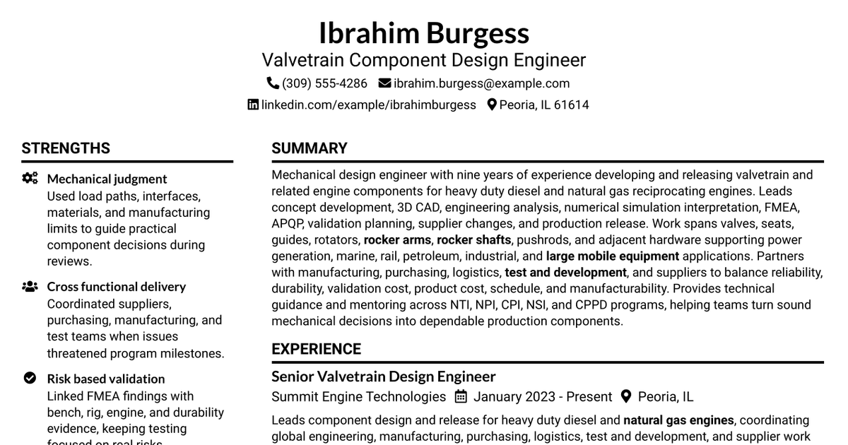 7 Valvetrain Component Design Engineer Resume Templates with Example