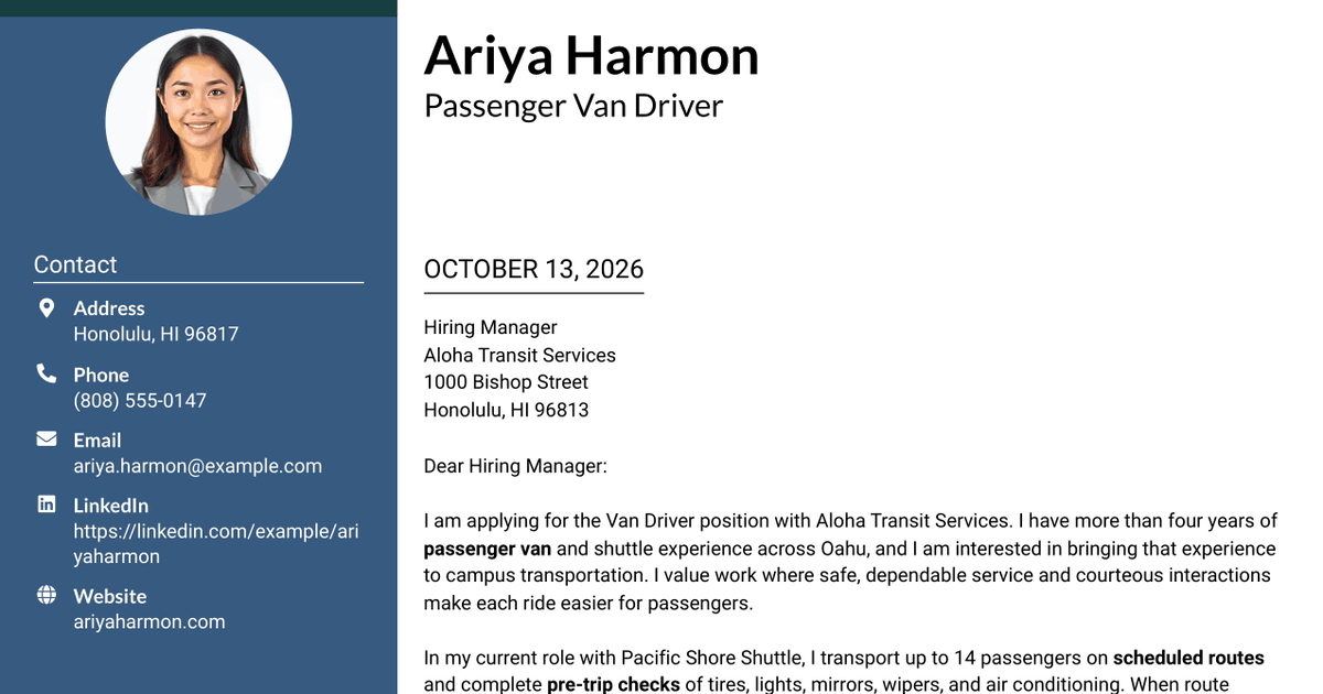 7 Van Driver - Passenger Transportation Cover Letter Templates with Example