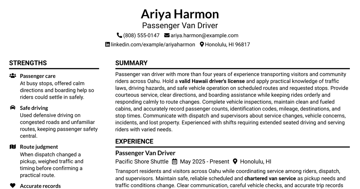 7 Van Driver - Passenger Transportation Resume Templates with Example