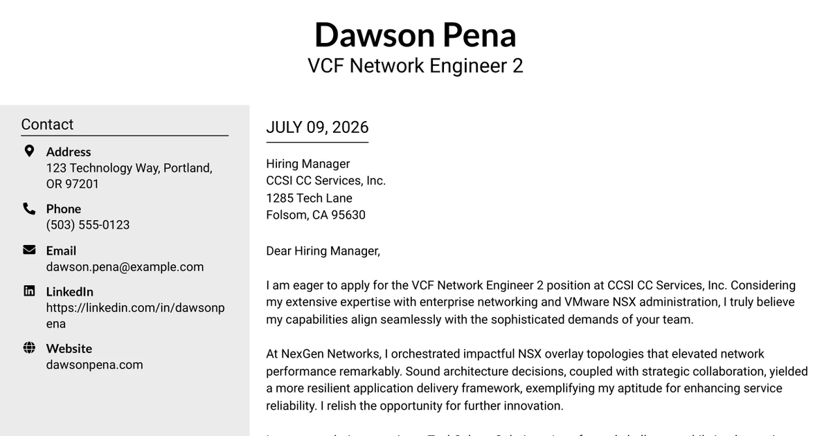 30+ VCF Network Engineer 2 Cover Letter Templates with Example 2026
