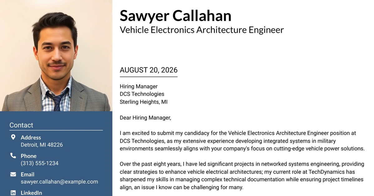 30+ Vehicle Electronics Architecture Engineer Cover Letter Templates with Example 2026