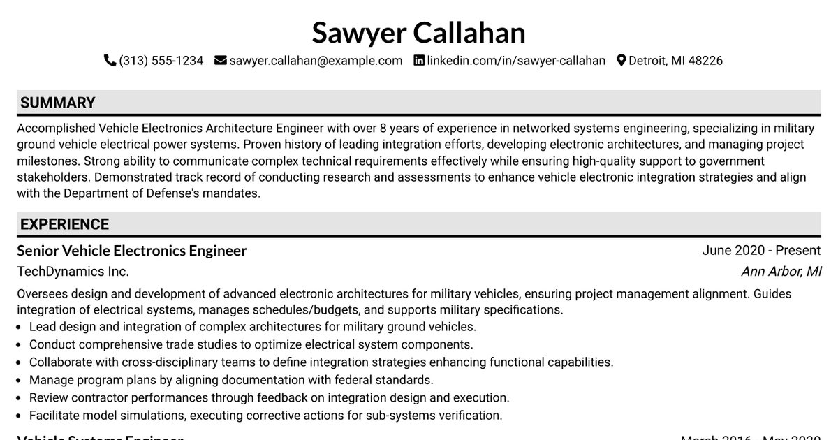 33 Vehicle Electronics Architecture Engineer Resume Templates with Example 2026 (ATS-Optimized)