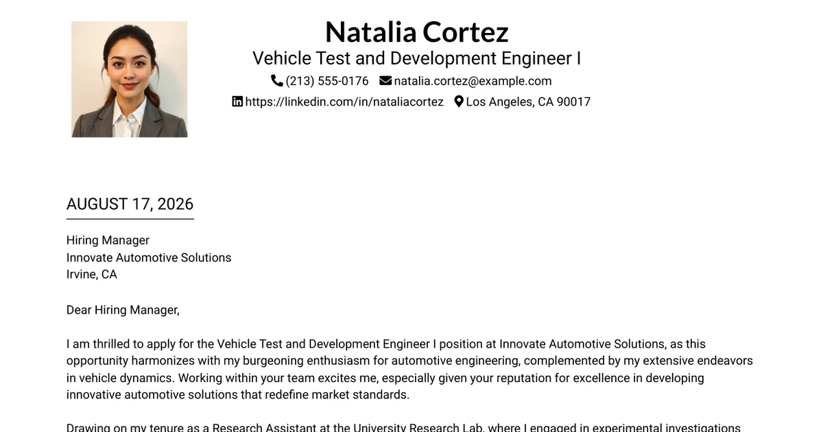30+ Vehicle Test and Development Engineer I Cover Letter Templates with Example 2026