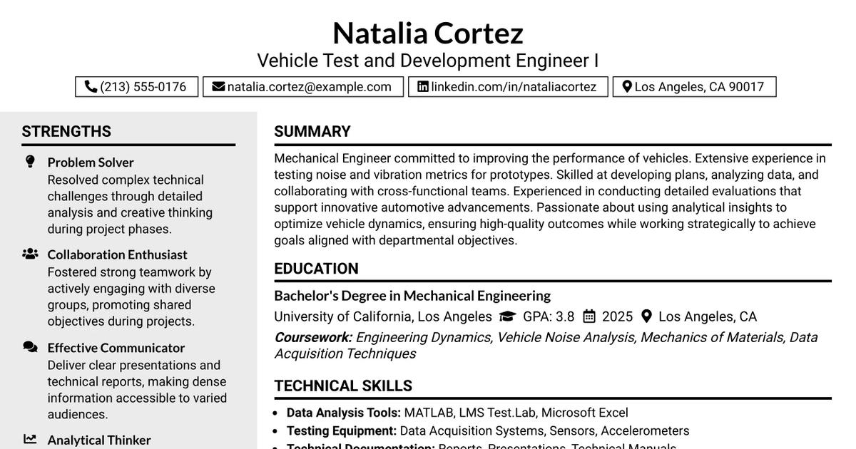 33 Vehicle Test and Development Engineer I Resume Templates with Example 2026 (ATS-Optimized)