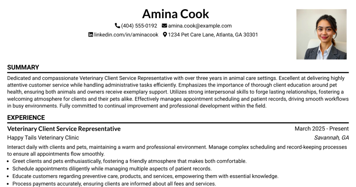 33 Veterinary Client Service Representative Resume Templates with Example 2026 (ATS-Optimized)