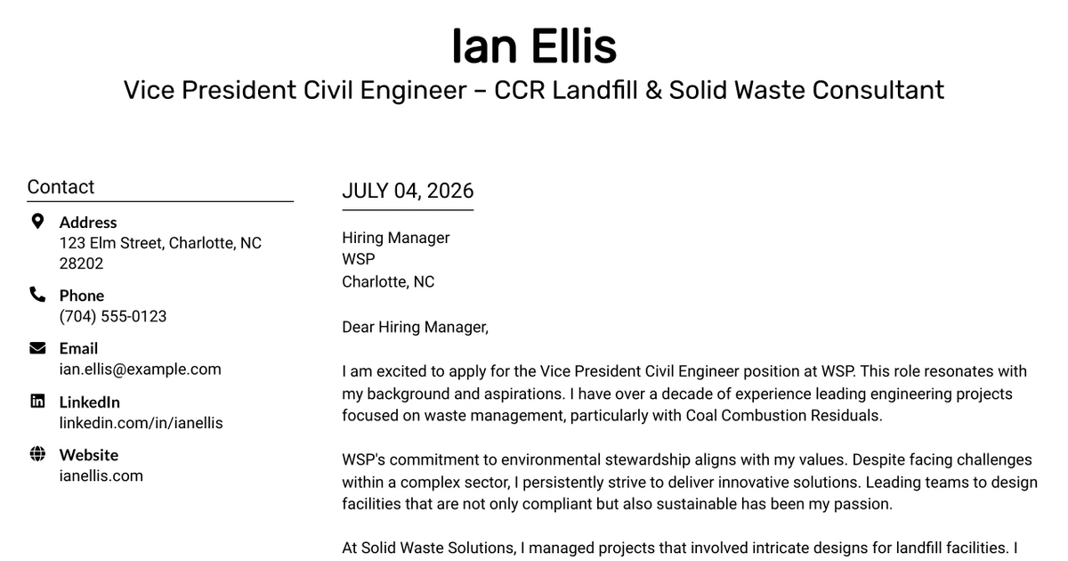 30+ Vice President Civil Engineer – CCR Landfill & Solid Waste Consultant Cover Letter Templates with Example 2026