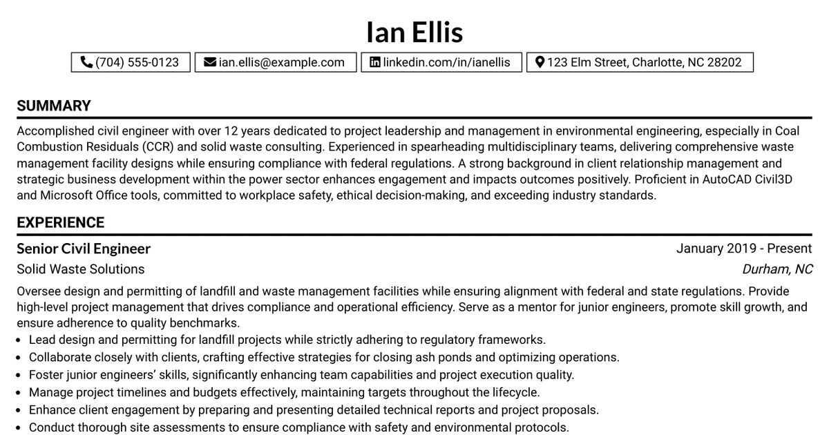 33 Vice President Civil Engineer – CCR Landfill & Solid Waste Consultant Resume Templates with Example 2026 (ATS-Optimized)