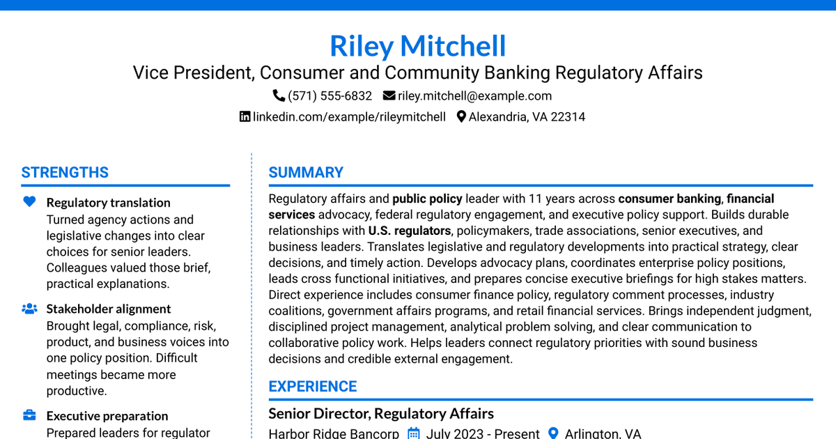 7 Vice President, Consumer and Community Banking Regulatory Affairs Resume Templates with Example