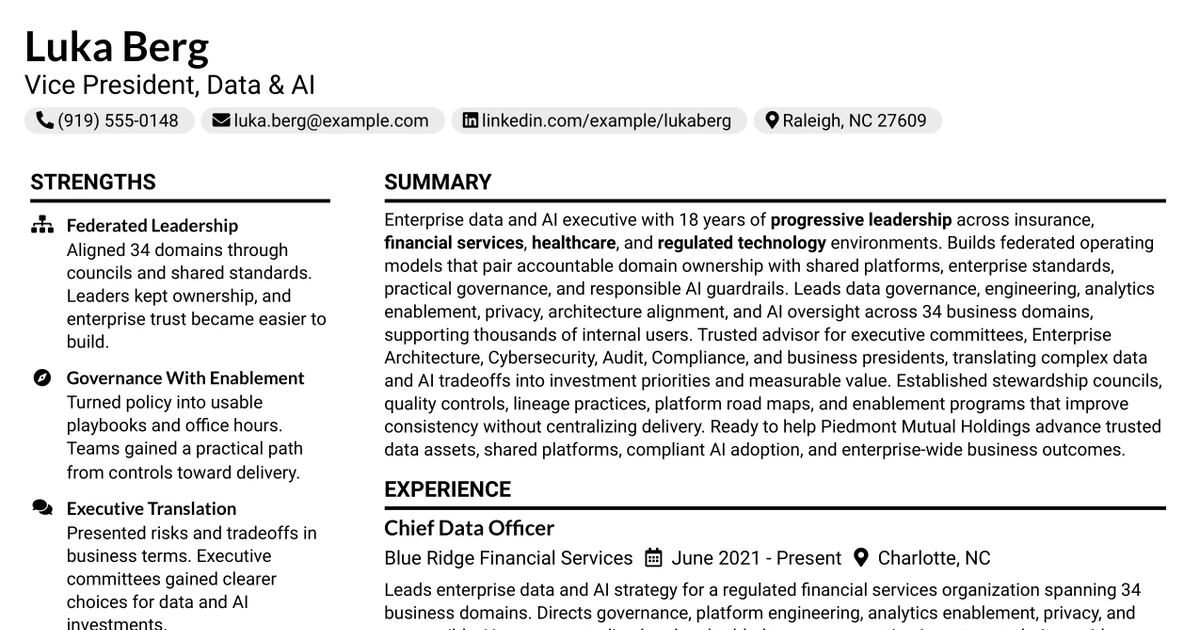 33 Vice President, Data & AI Resume Templates with Example 2026 (ATS-Optimized)