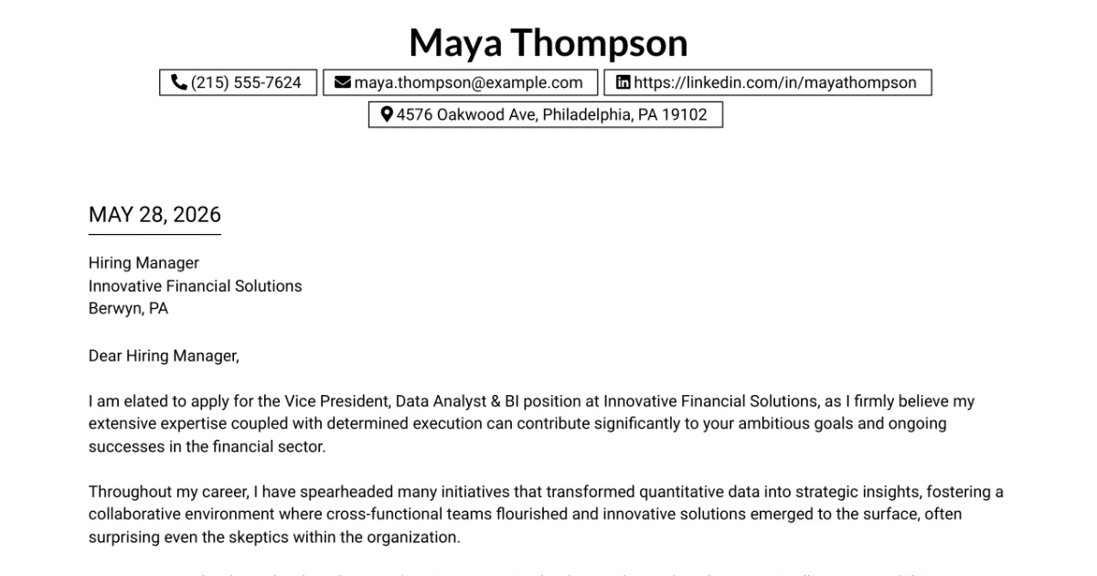 30+ Vice President, Data Analyst & BI Cover Letter Templates with Example 2026
