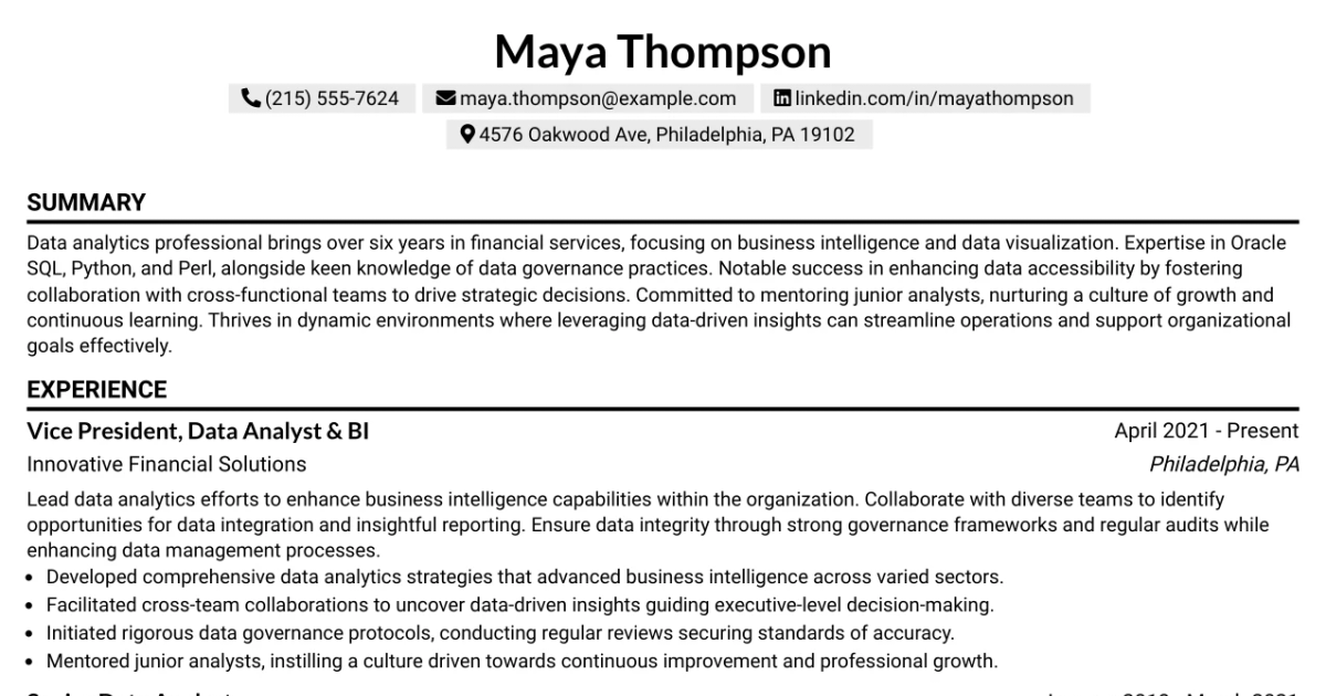 33 Vice President, Data Analyst & BI Resume Templates with Example 2026 (ATS-Optimized)