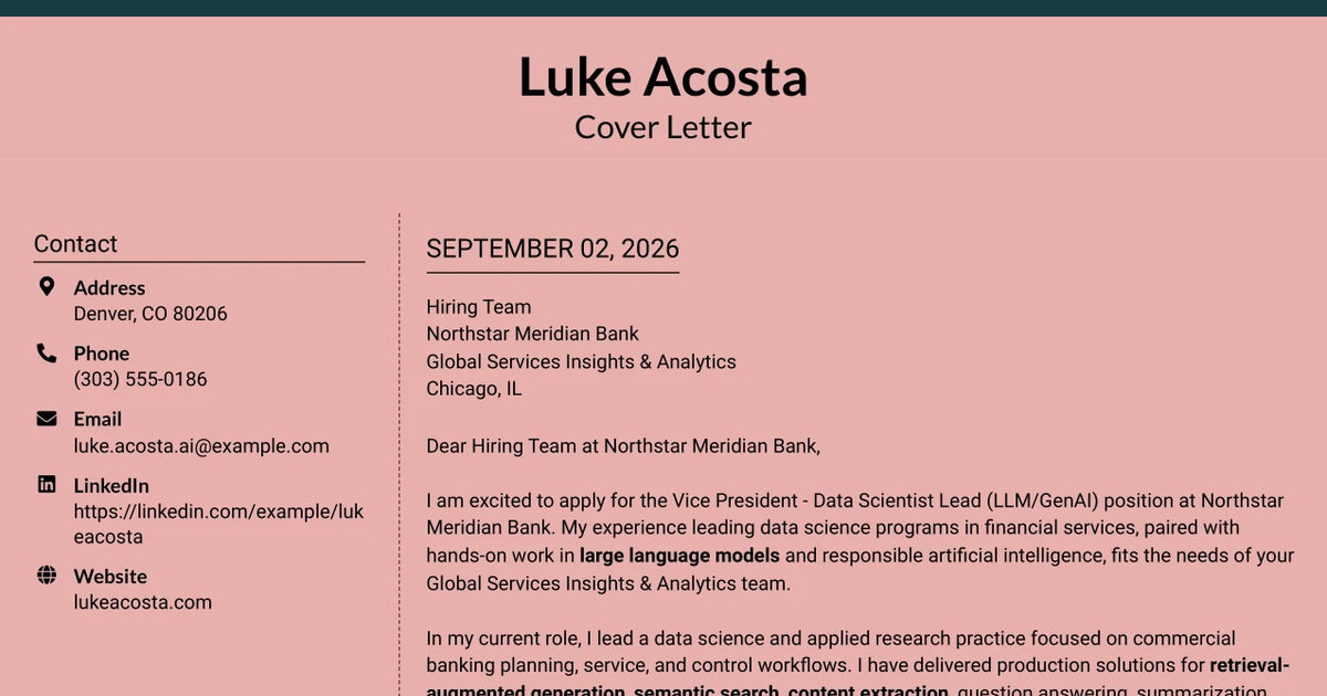 30+ Vice President - Data Scientist Lead (LLM/GenAI) Cover Letter Templates with Example 2026