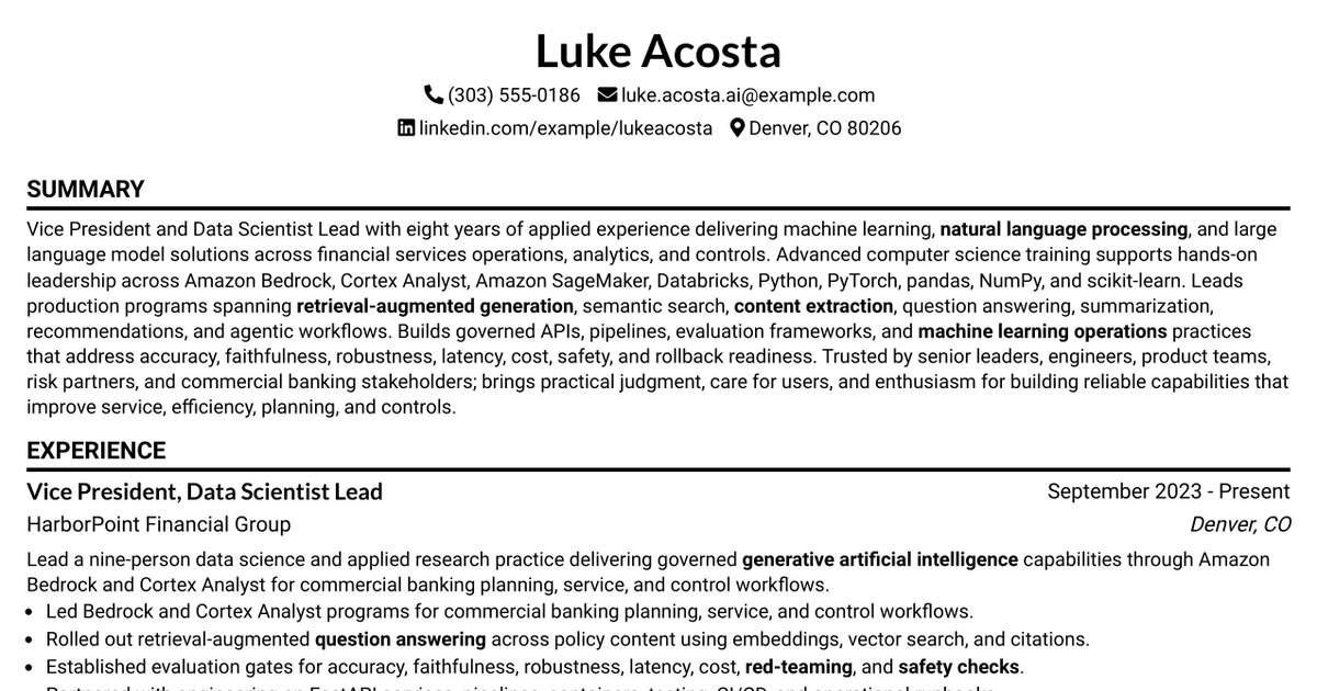 33 Vice President - Data Scientist Lead (LLM/GenAI) Resume Templates with Example 2026 (ATS-Optimized)