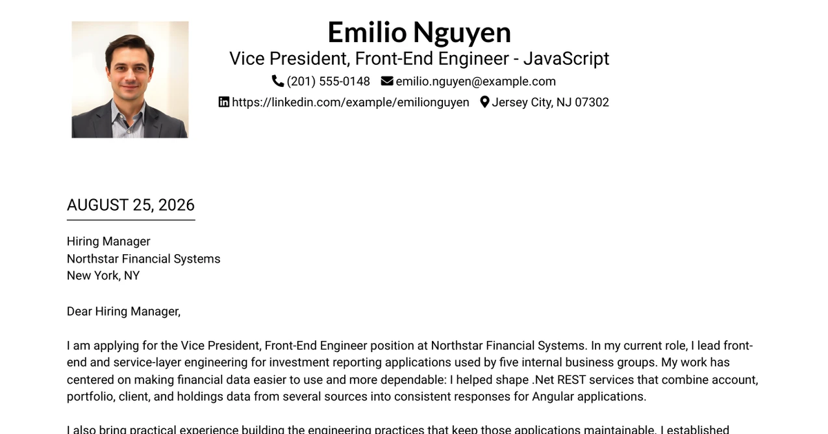 30+ Vice President, Front-End Engineer - JavaScript Cover Letter Templates with Example 2026