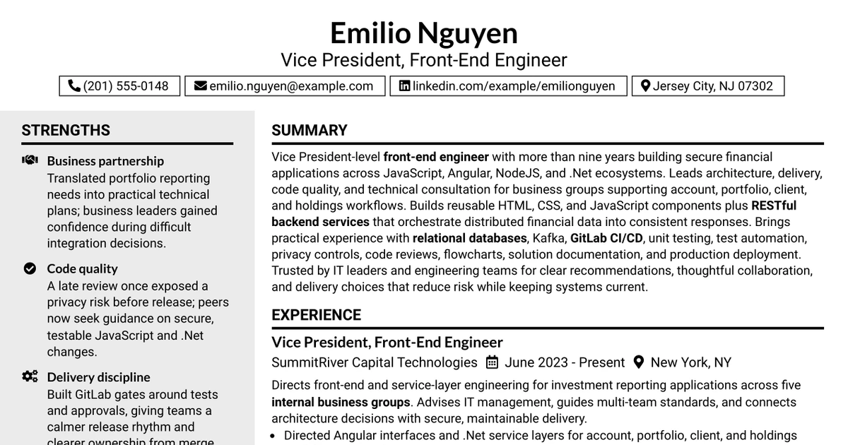 33 Vice President, Front-End Engineer - JavaScript Resume Templates with Example 2026 (ATS-Optimized)