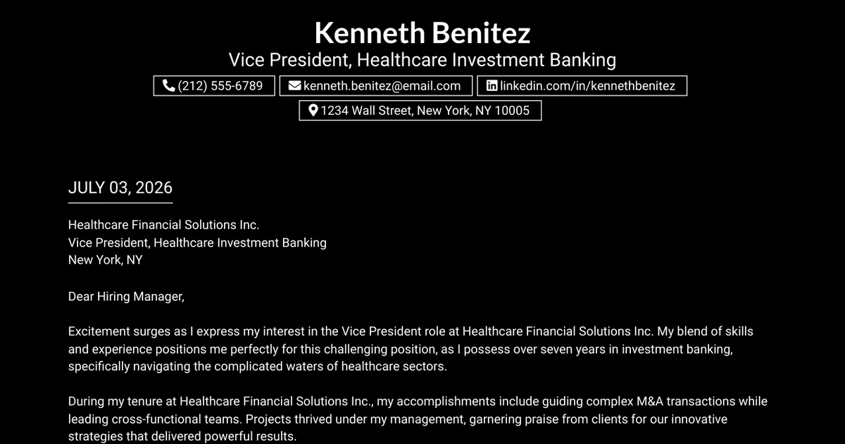30+ Vice President, Healthcare Investment Banking Cover Letter Templates with Example 2026