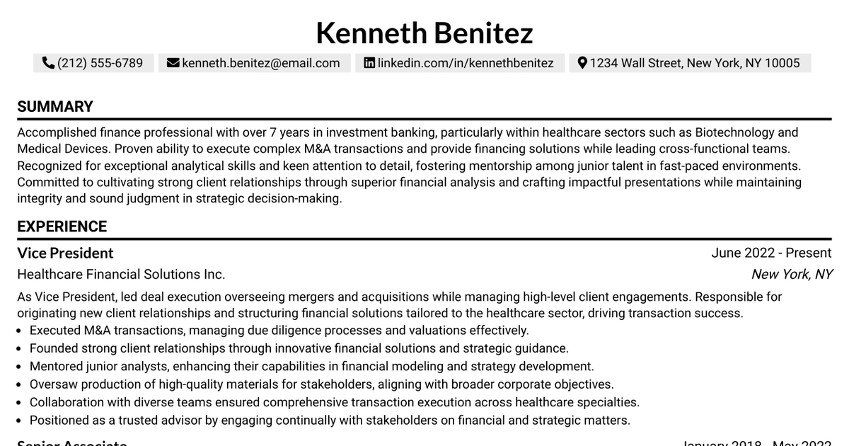 33 Vice President, Healthcare Investment Banking Resume Templates with Example 2026 (ATS-Optimized)
