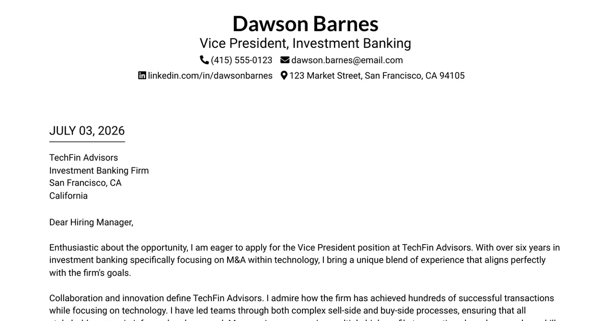 30+ Vice President, Investment Banking Cover Letter Templates with Example 2026