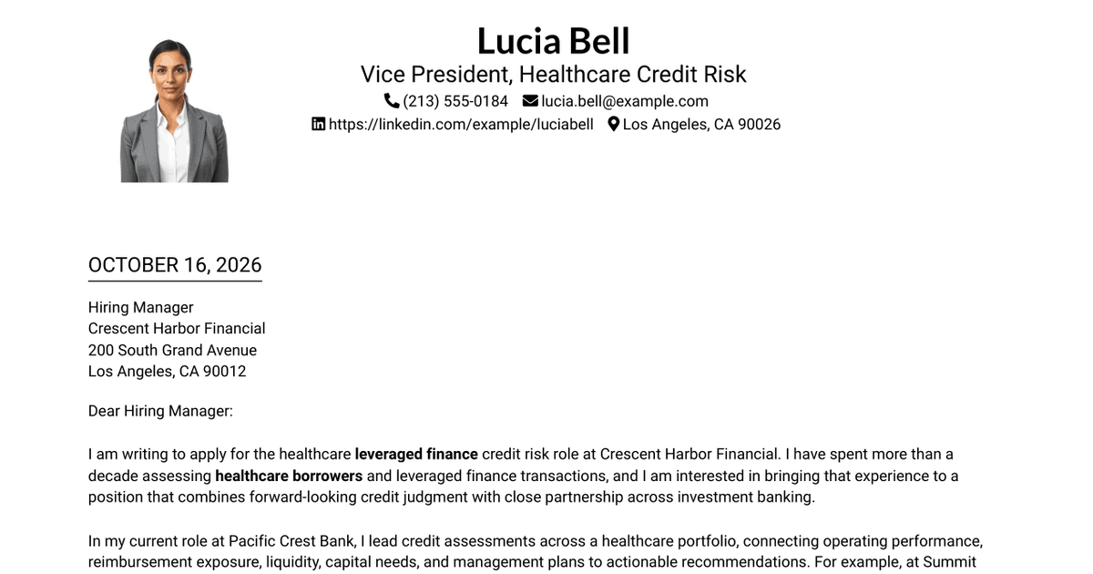 7 Vice President, Investment Banking Credit Risk - Healthcare Leveraged Finance Cover Letter Templates with Example