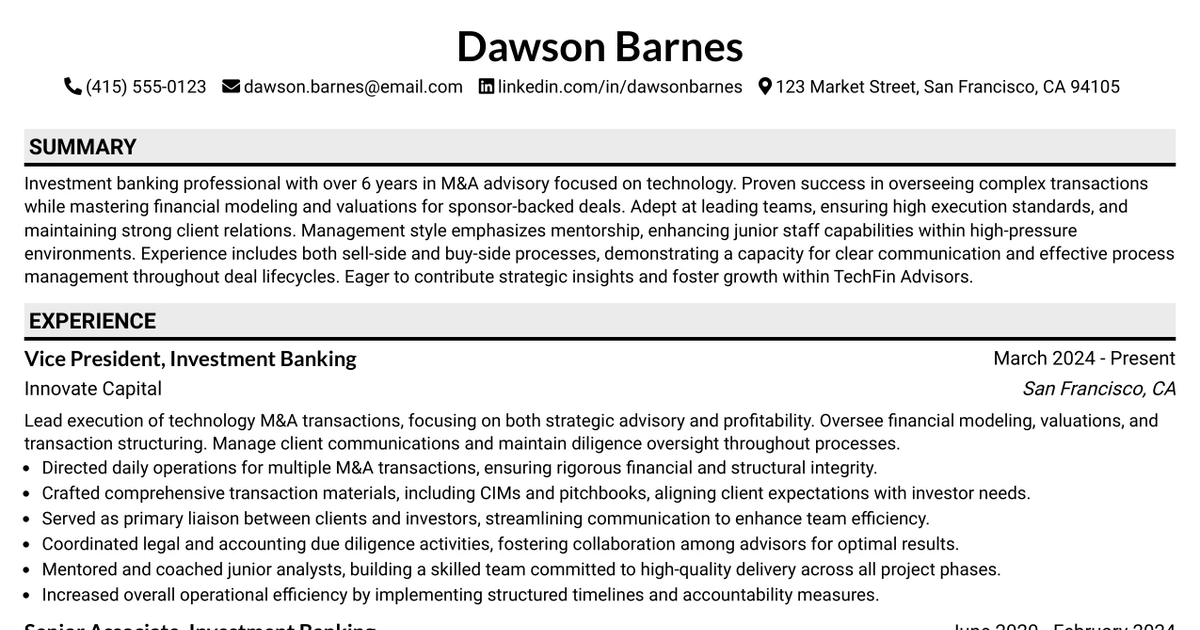 33 Vice President, Investment Banking Resume Templates with Example 2026 (ATS-Optimized)