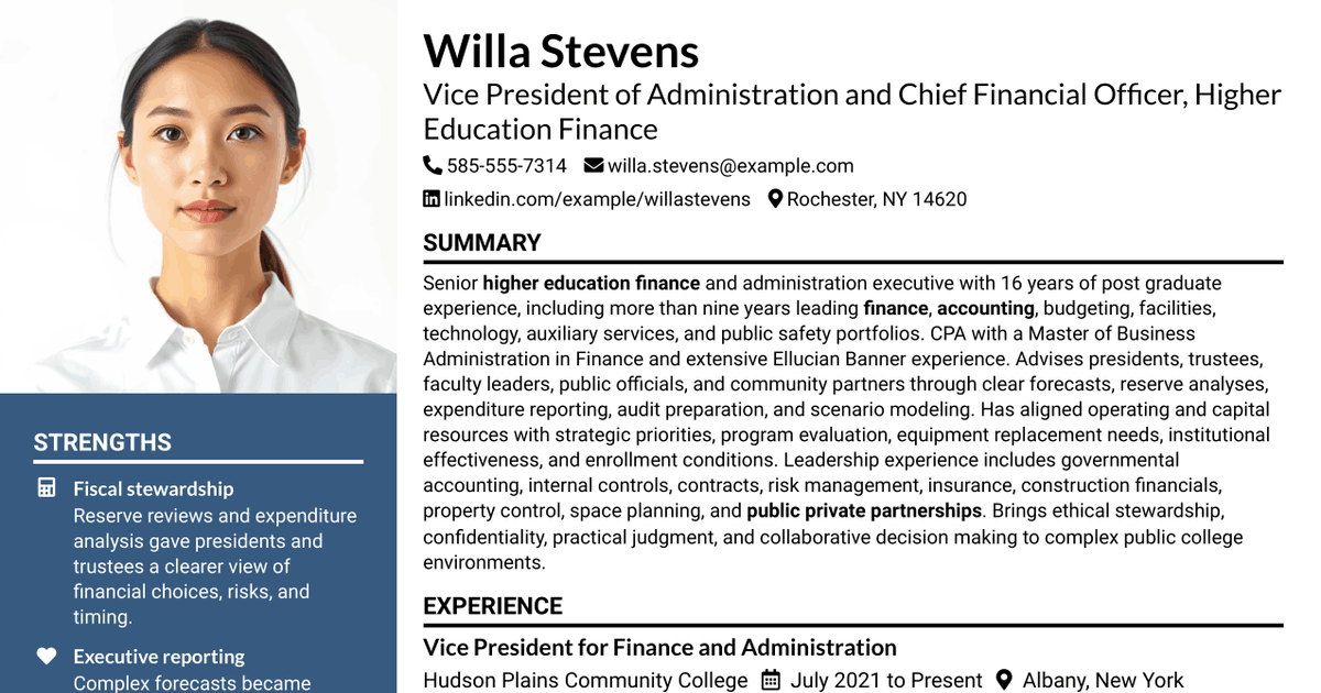 7 Vice President of Administration and Chief Financial Officer (CFO) Resume Templates with Example