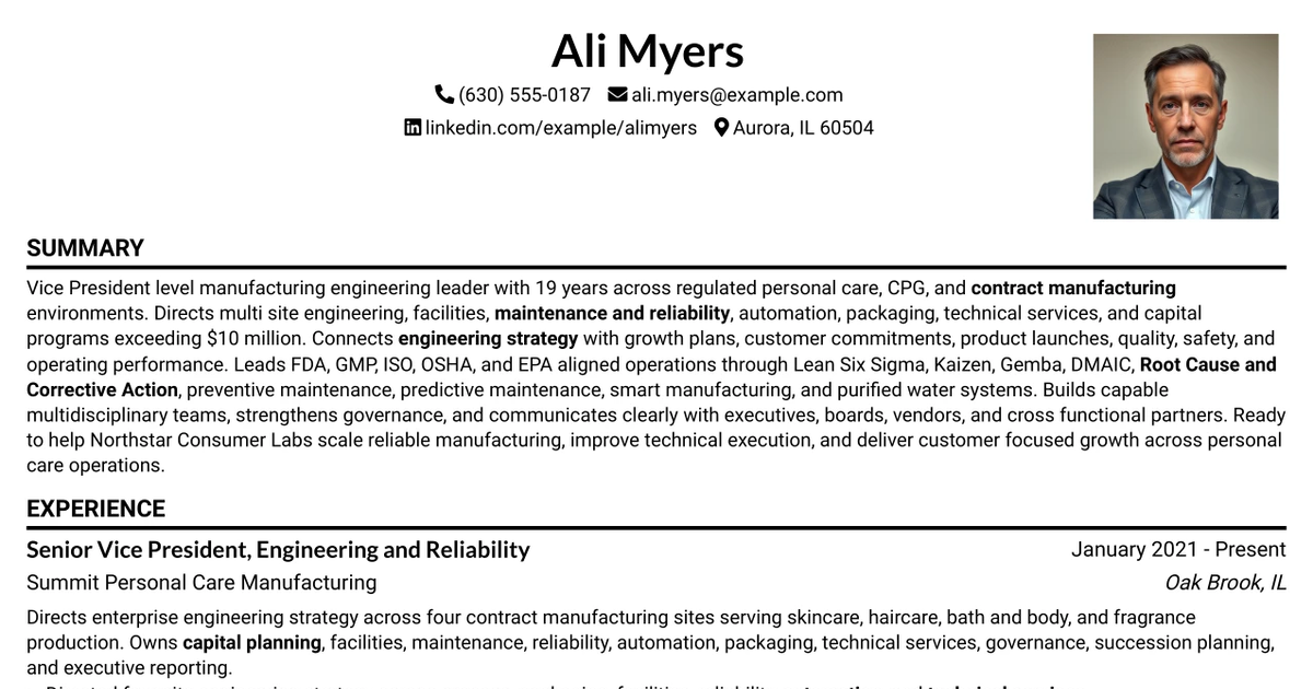 33 Vice President of Manufacturing Engineering - Personal Care Manufacturing Resume Templates with Example 2026 (ATS-Optimized)