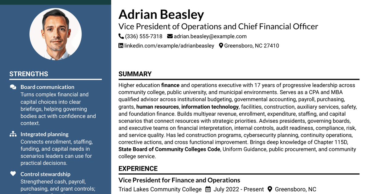 7 Vice President of Operations and Chief Financial Officer Resume Templates with Example