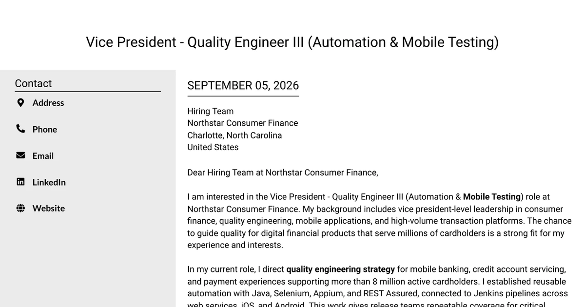 30+ Vice President - Quality Engineer III (Automation & Mobile Testing) Cover Letter Templates with Example 2026