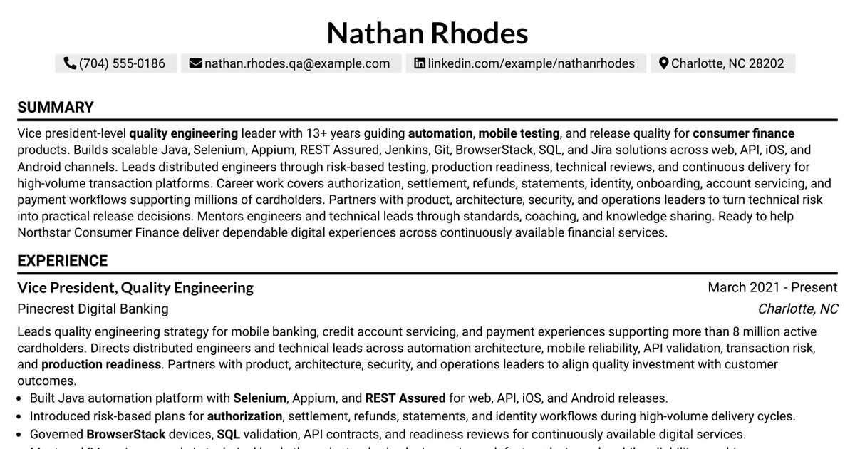 33 Vice President - Quality Engineer III (Automation & Mobile Testing) Resume Templates with Example 2026 (ATS-Optimized)