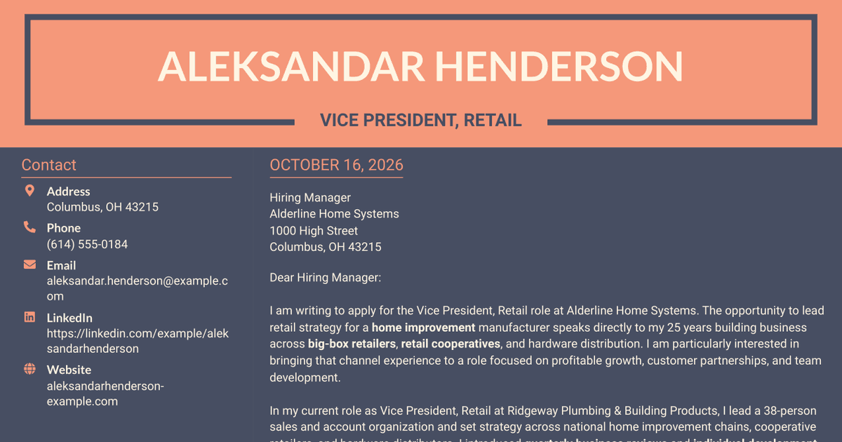 7 Vice President, Retail - Home Improvement Cover Letter Templates with Example