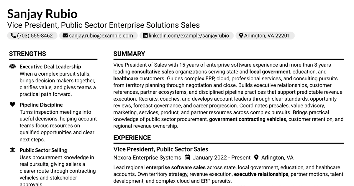 33 Vice President, Sales - Public Sector Enterprise Solutions Resume Templates with Example 2026 (ATS-Optimized)