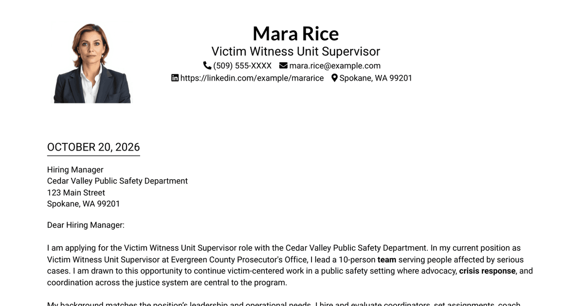 7 Victim Witness Unit Supervisor - Victim Advocacy and Crisis Response Cover Letter Templates with Example