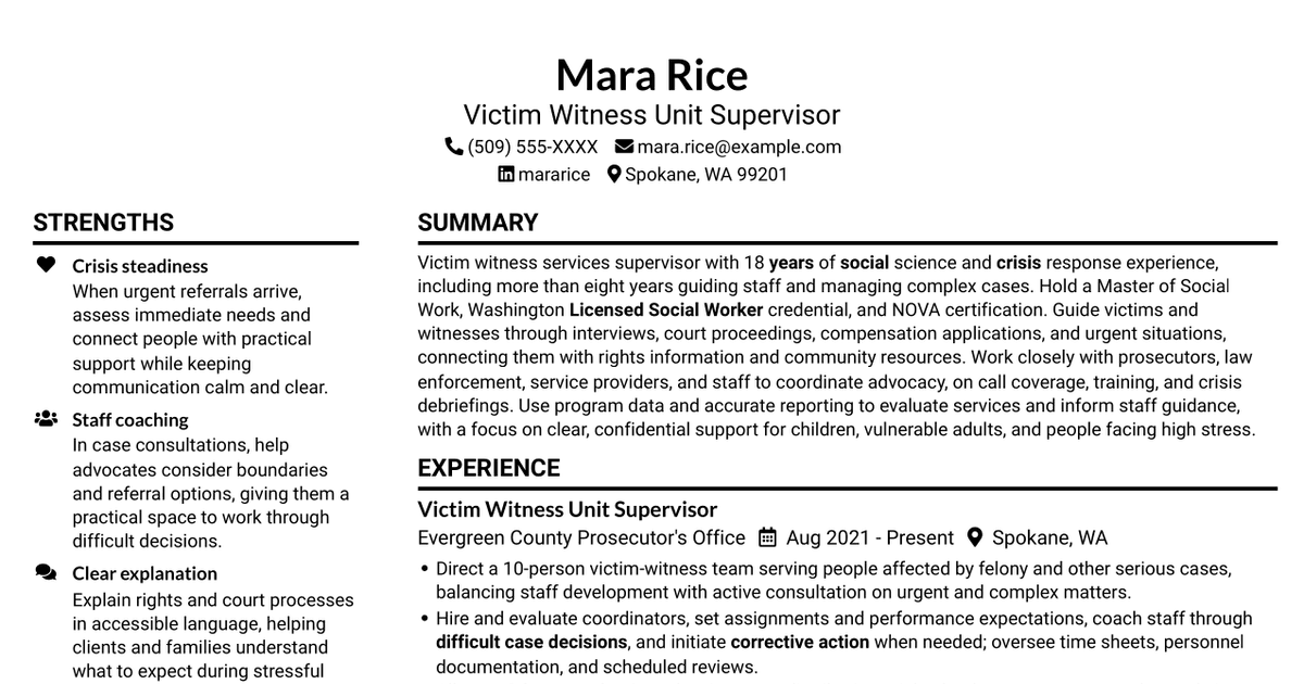 7 Victim Witness Unit Supervisor - Victim Advocacy and Crisis Response Resume Templates with Example
