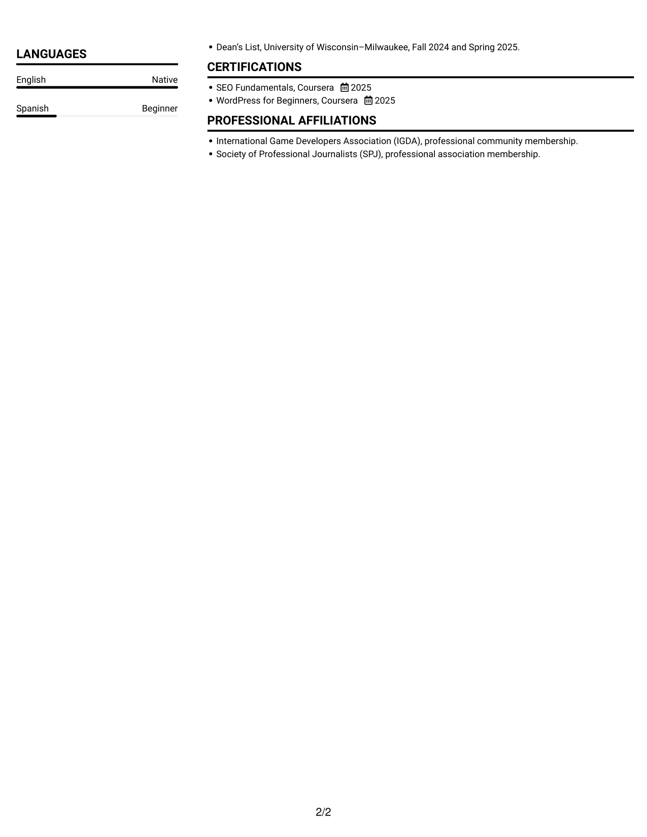 Resume example — page 2