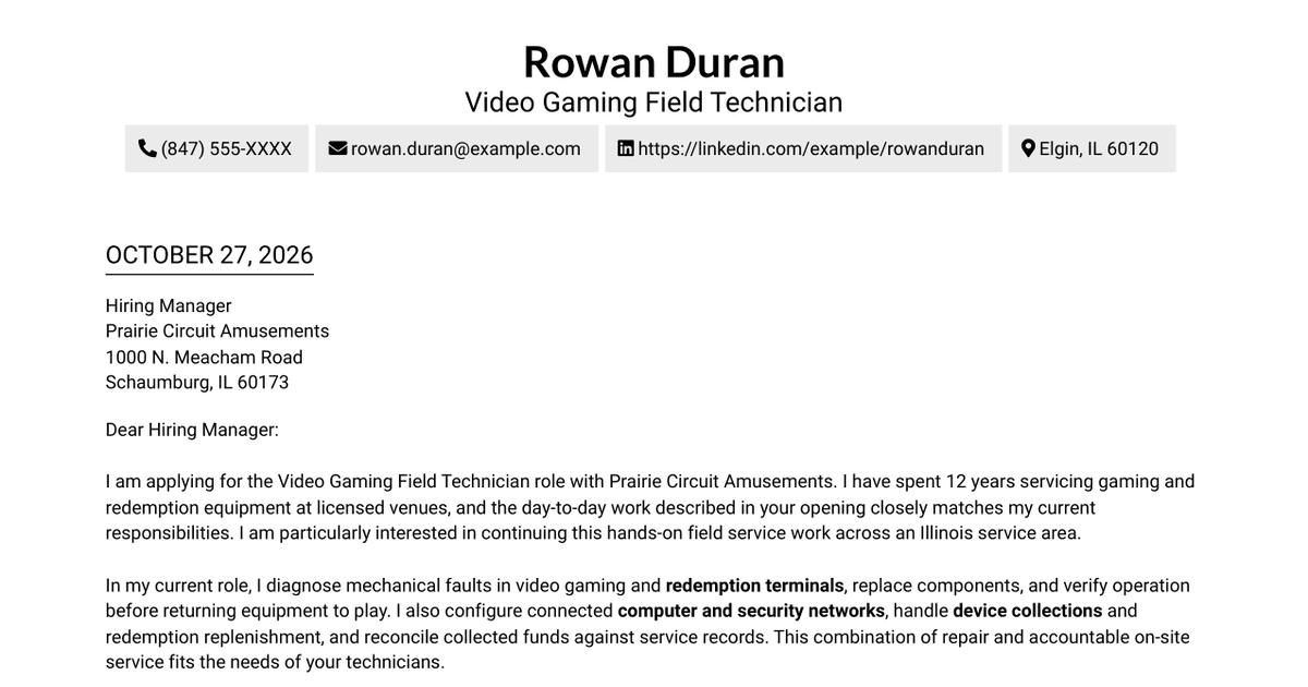 7 Video Gaming Field Technician Cover Letter Templates with Example