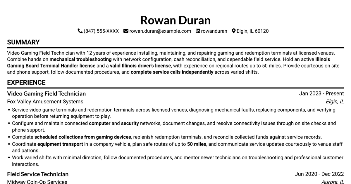 7 Video Gaming Field Technician Resume Templates with Example
