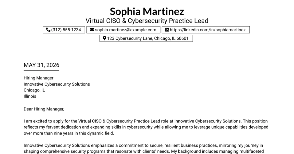 30+ Virtual CISO & Cybersecurity Practice Lead Cover Letter Templates with Example 2026