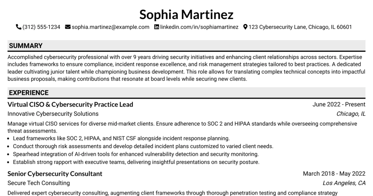 33 Virtual CISO & Cybersecurity Practice Lead Resume Templates with Example 2026 (ATS-Optimized)