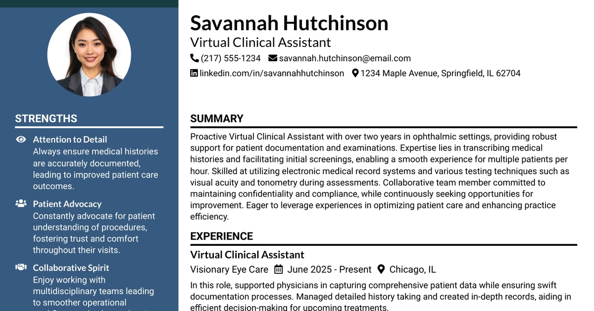 33 Virtual Clinical Assistant Resume Templates with Example 2026 (ATS-Optimized)